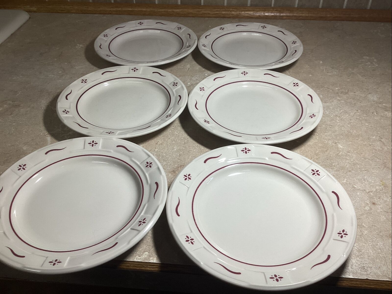 6 Longaberger Pottery Woven Heritage Red Trim 7 1/4” Plates USA