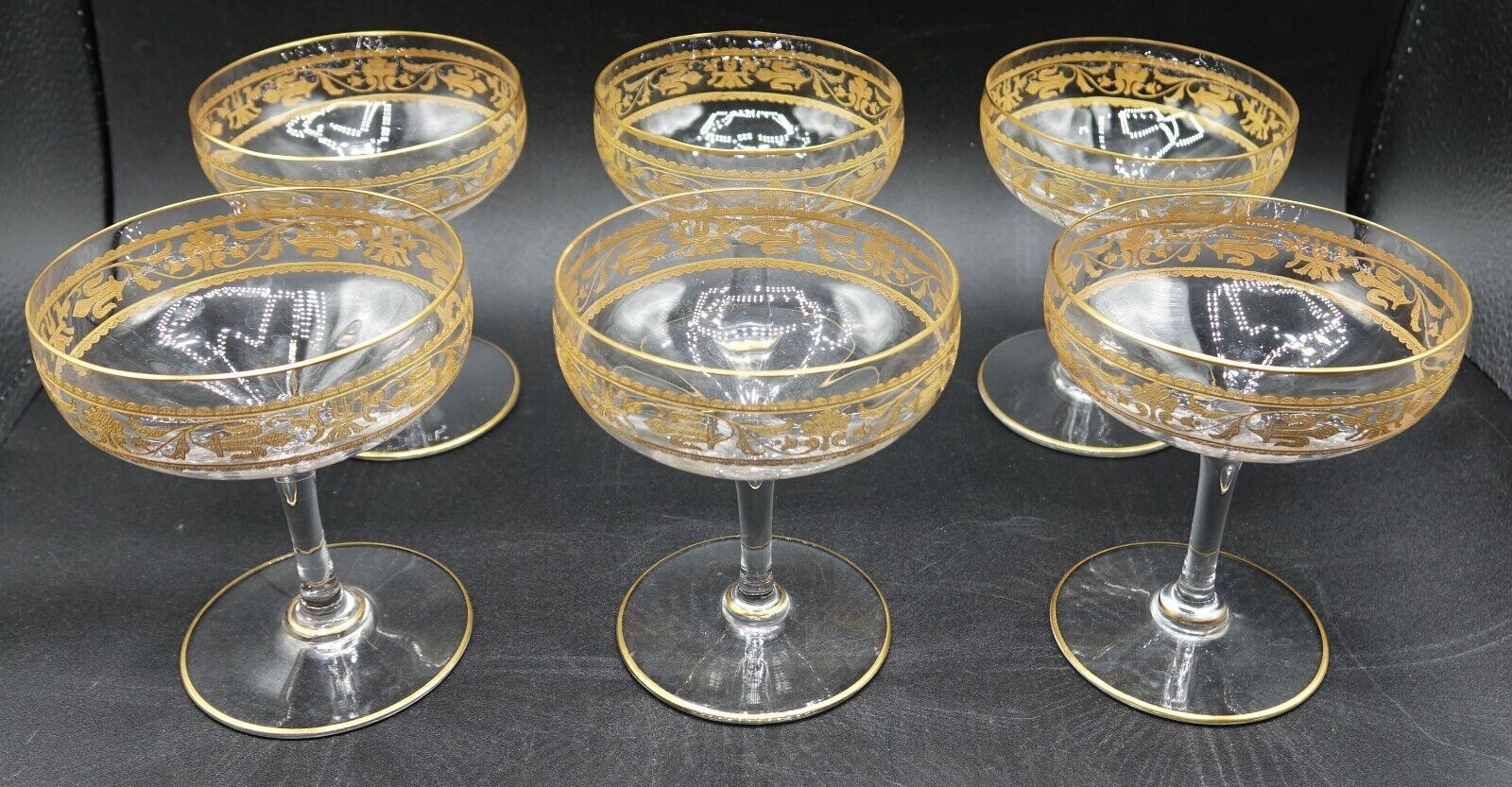 French Baccarat Crystal Fluer de Lis Gold Encrusted Champagne Glasses Set of 6