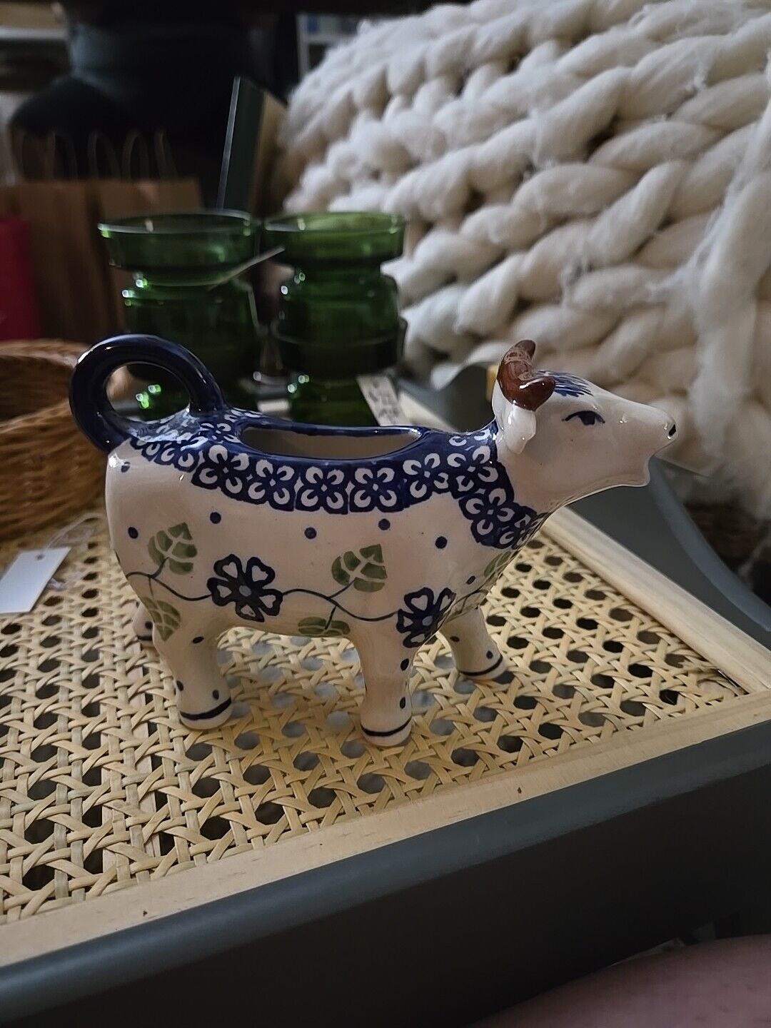 Polish Pottery Cow Creamer UNIKAT Sig Discontinued RARE Blue Floral Pattern Vtg