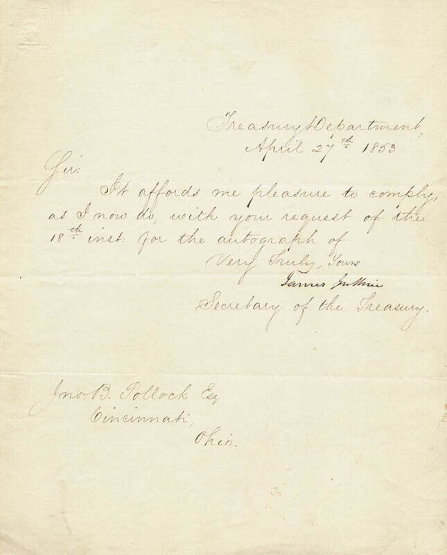 JAMES GUTHRIE - MANUSCRIPT LETTER SIGNED 04/27/1853