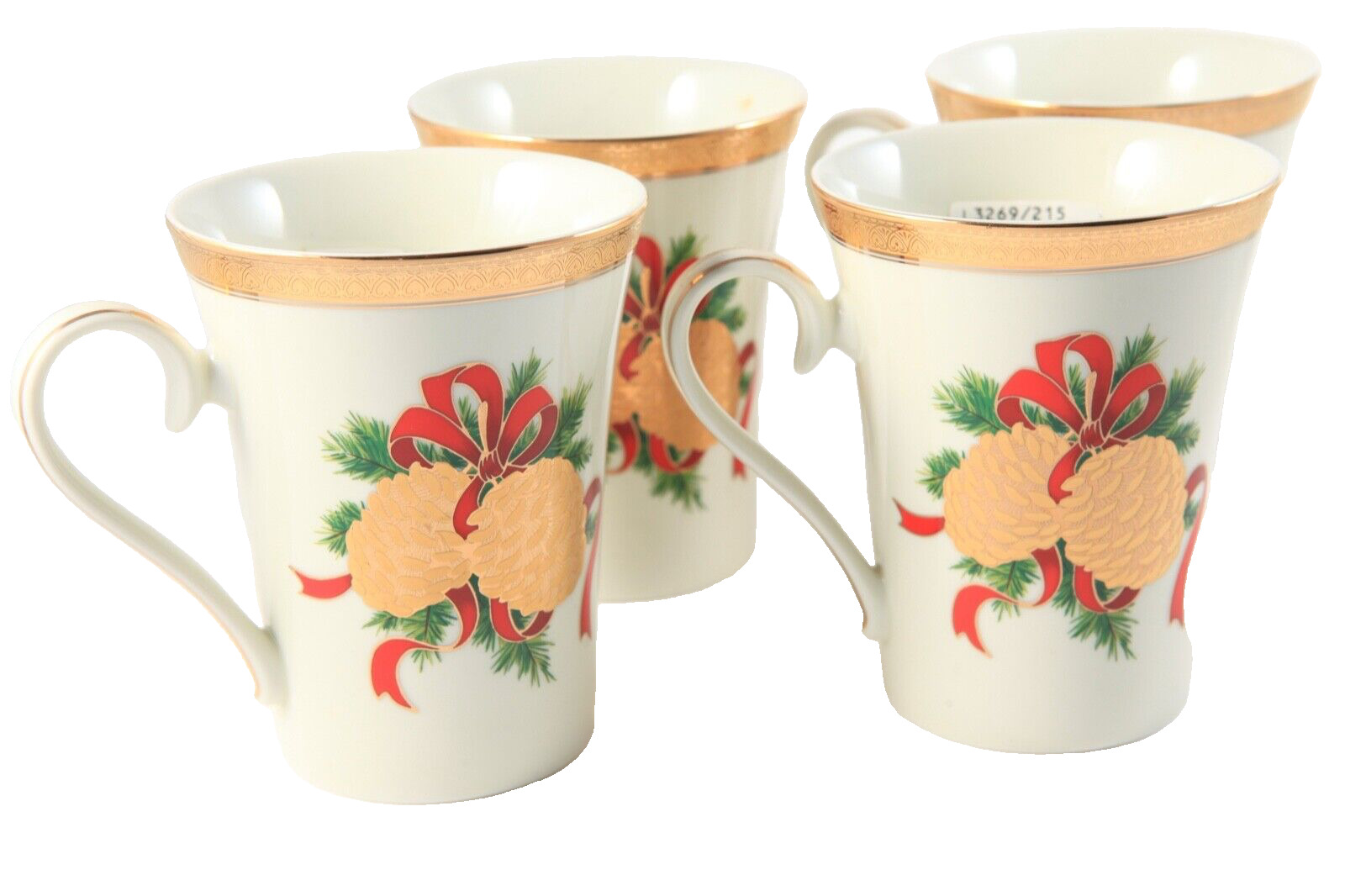 Set 4 Mikasa Holiday Christmas Fine China Coffee Tea Mug PINE CONE Gold Trim New