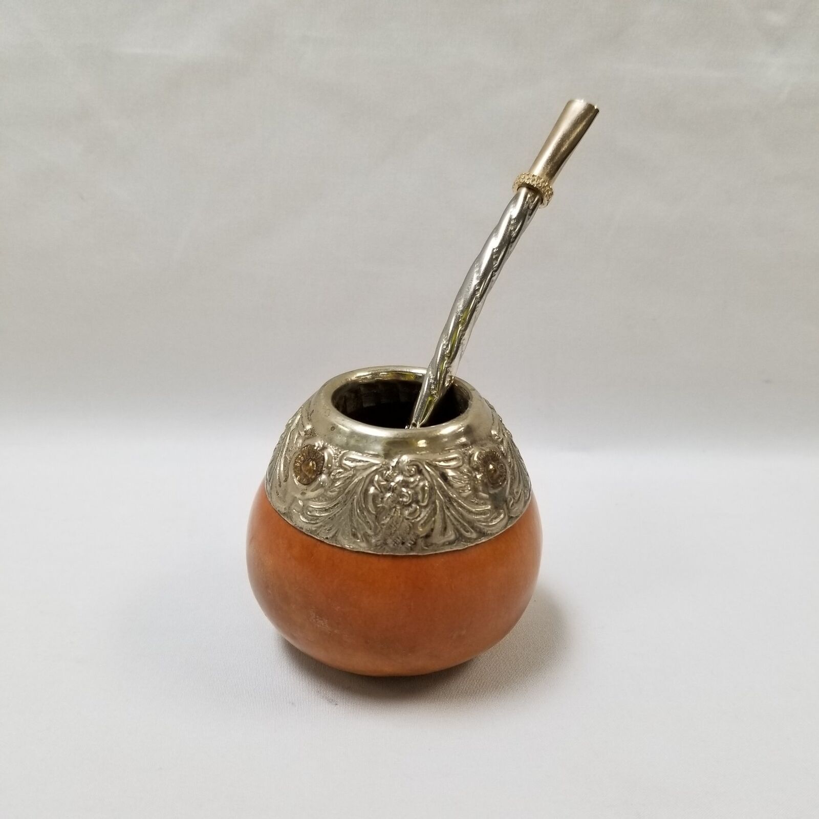 Industria Argentina Vintage Silver Yerba Matte Tea Gourd Cup & Tea Stir Straw^