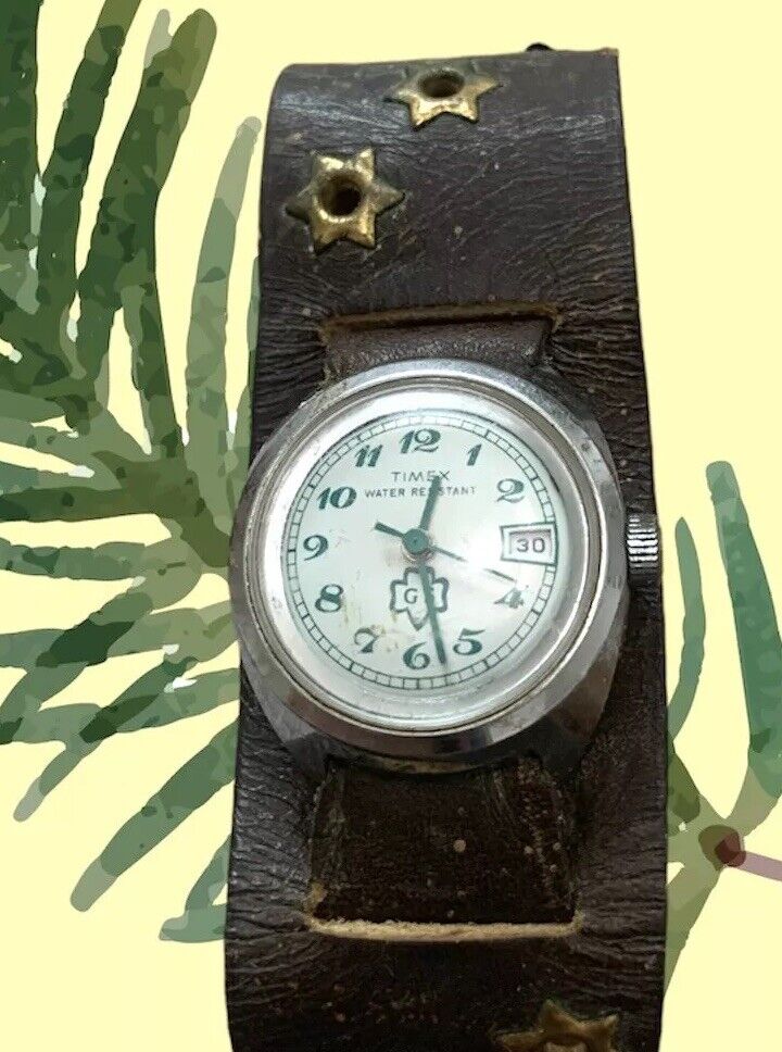 Vintage Timex Girl Scout Watch Authentic Mechanical With Leather Band Working