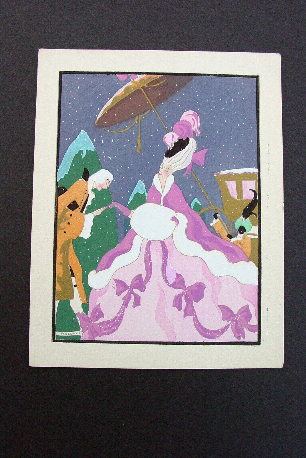 Unused Art Deco Pochoir Xmas Greeting Card Fancy Victorian Lady in Purple Dress