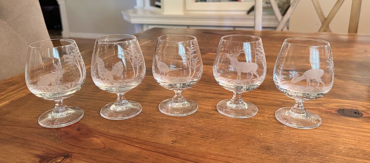 Vintage Crystal Wildlife Etched Glasses Cognac Brandy Snifters Lot of 5