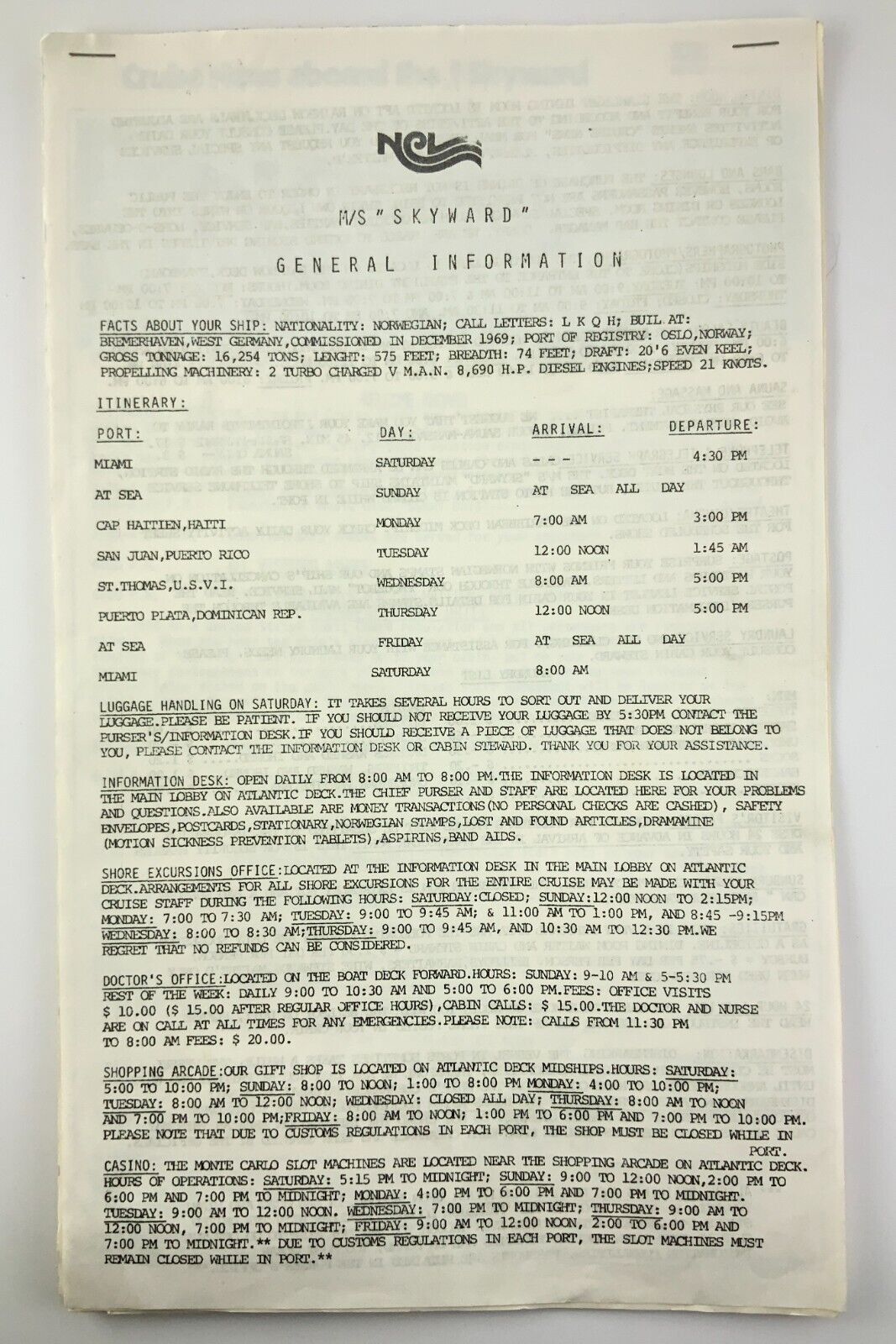 MS Skyward General Information Cruise News 1977 Travel Itinerary EE653