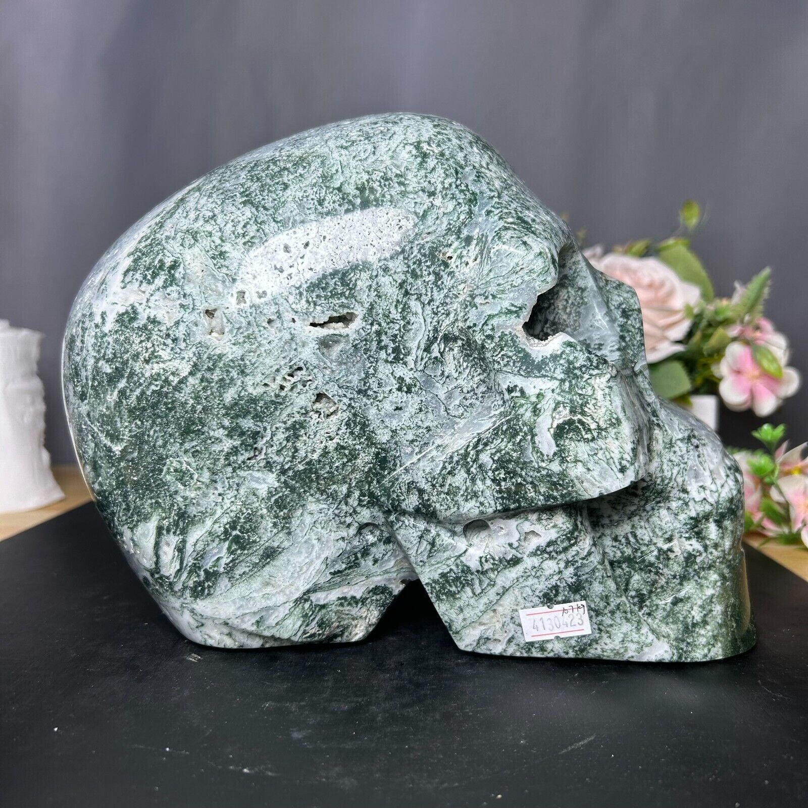 23.5LB 9.6''Large Natural Moss Agate Skull Sculpture Ornament Healing Statue