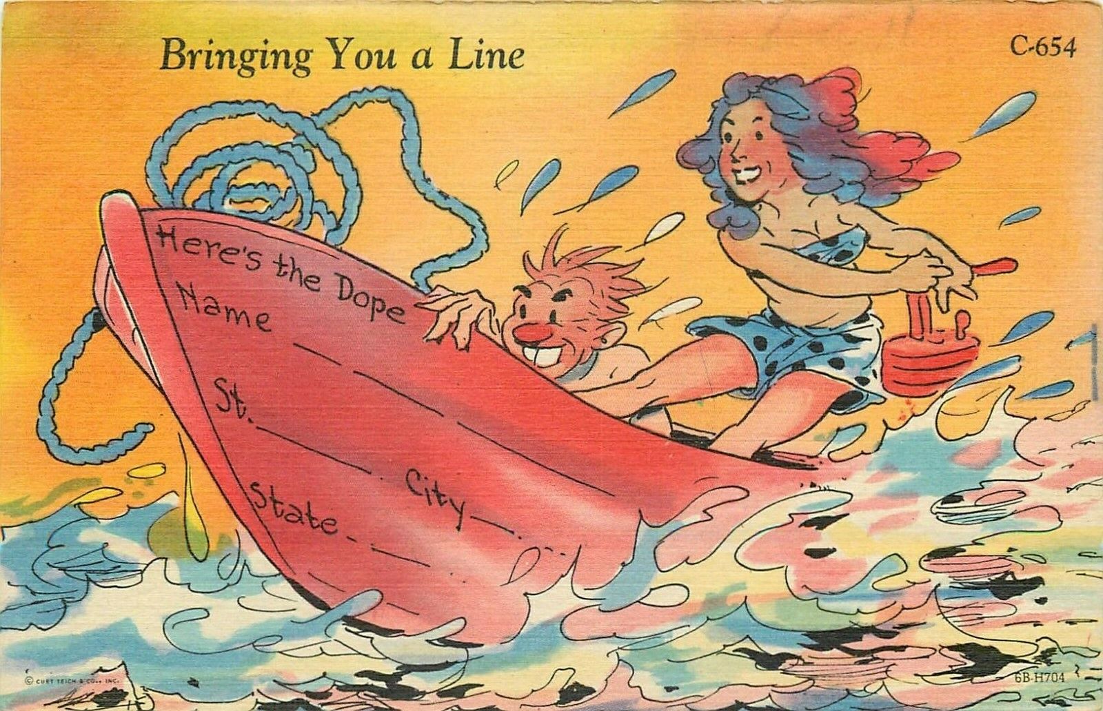 Bringing You a Line Woman in Boat Heres the Dope Linen Comic Postcard Da1056 