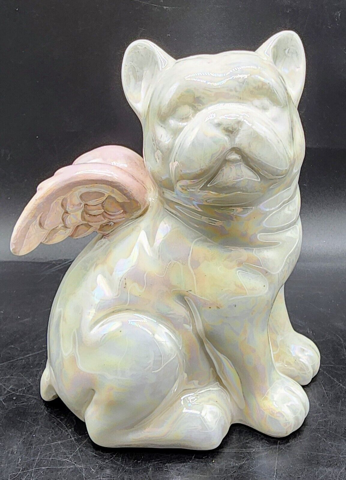 White French Bulldog Figurine Angel Wings Pink Ceramic Pet Passed Away Iridescen