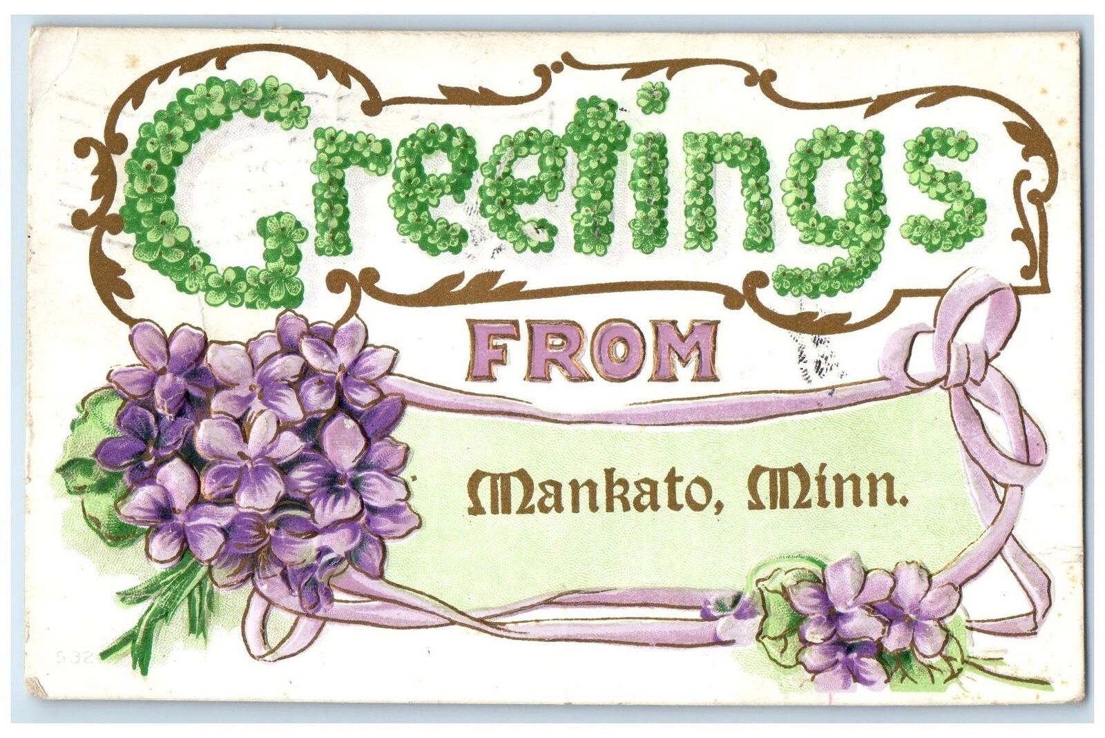 1912 Greetings From Mankoto Minnesota MN Posted Embossed Leaves Flowers Postcard