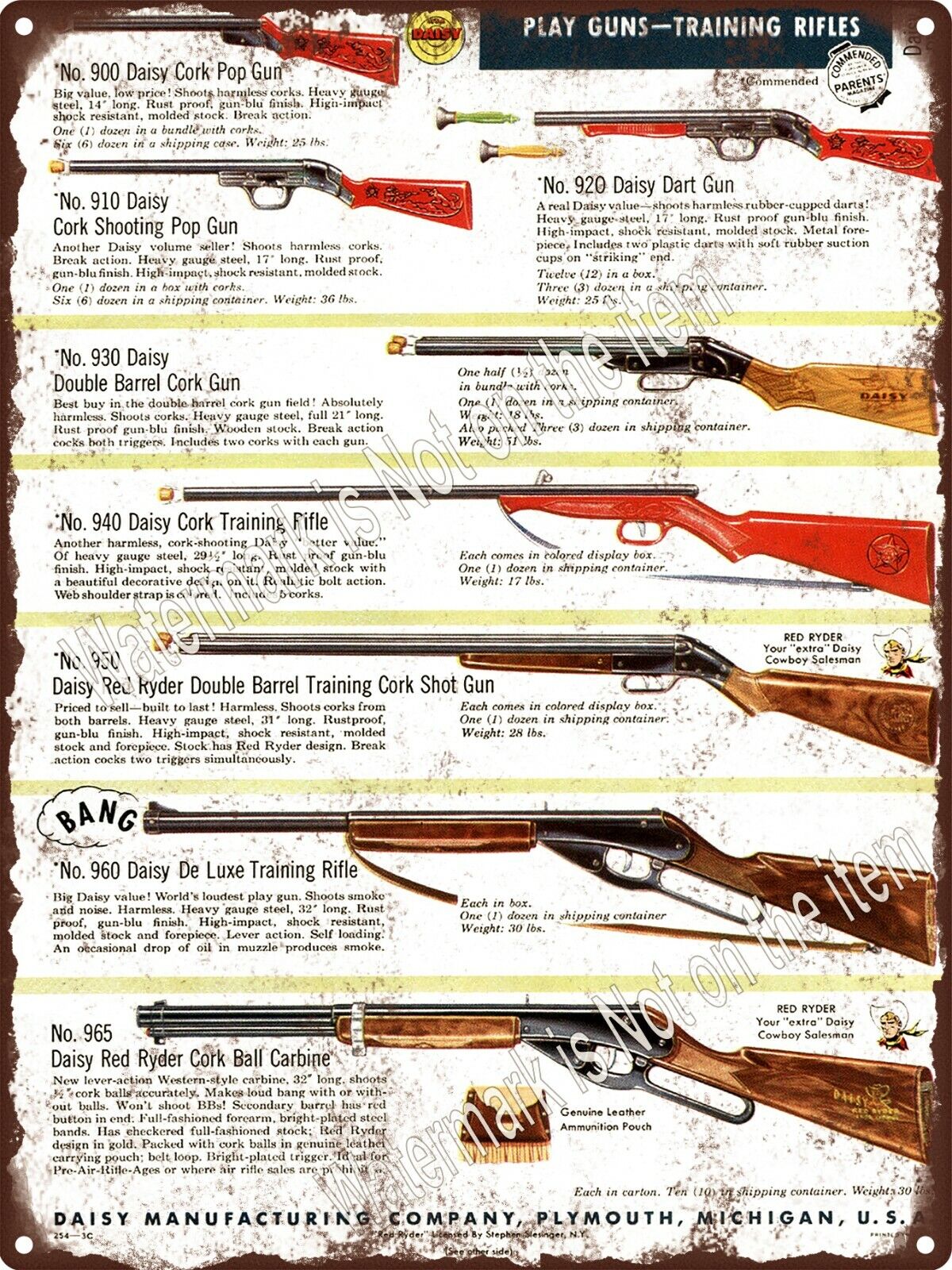 1954 Daisy Red Ryder Air Rifle Cork Pop Gun Rifle De Luxe  Metal Sign 9x12\
