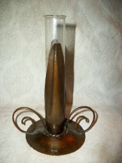 1940s MISSION ARTS AND CRAFTS UTAH COPPER CORN LEAF GLASS TUBE VASE RARE MARKED