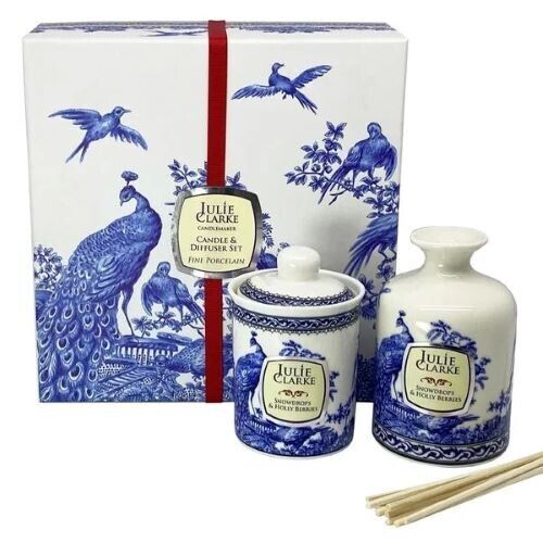 Julie Clarke Gift set of Blue Peacock Snowdrops and Hollyberries set
