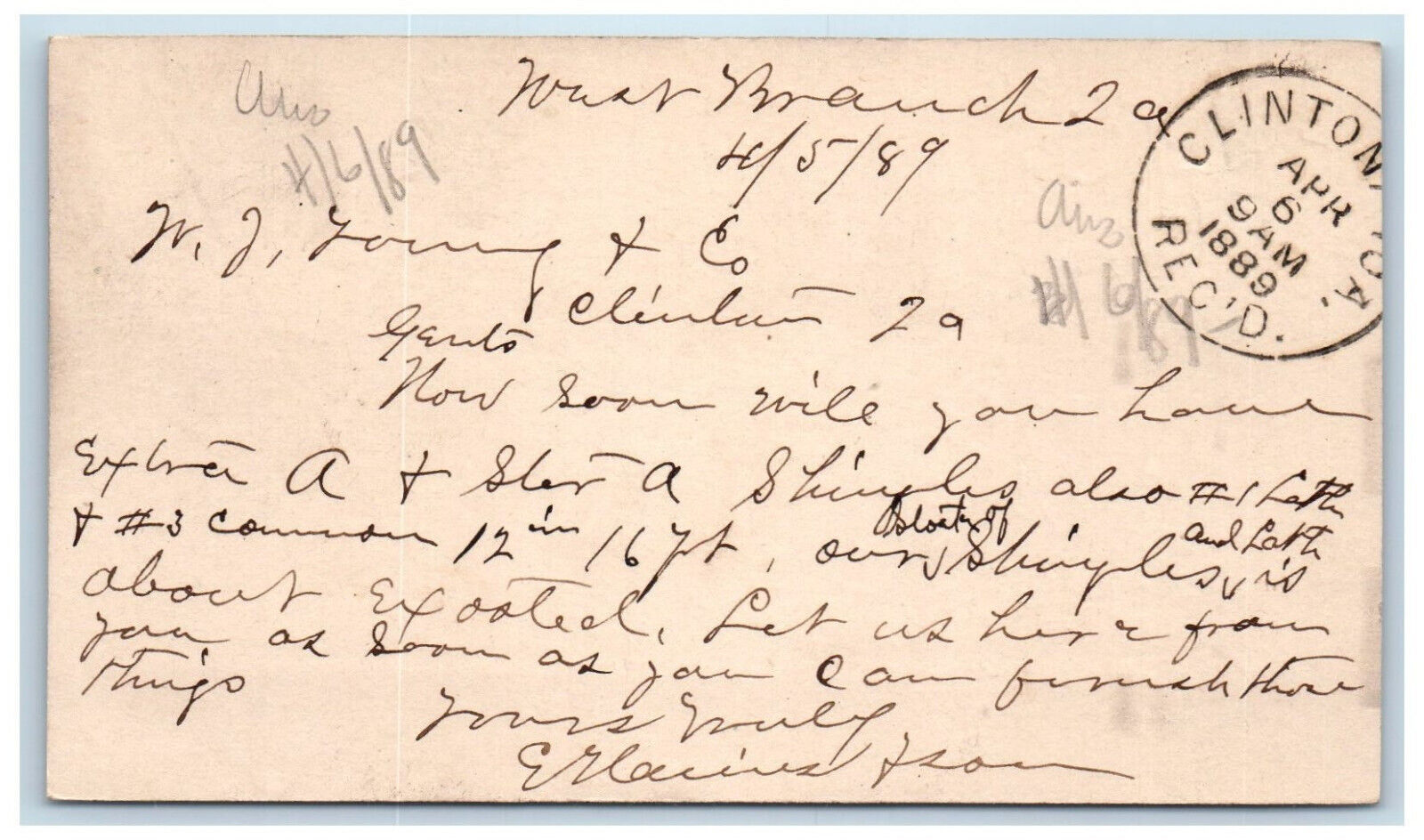 1889 WJ Young and Co. West Branch Iowa IA Clinton Iowa Antique Postal Card