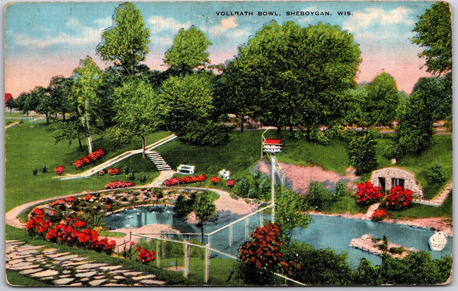 Sheboygan Wisconsin WI, 1940 Vollrath Bowl, Park, Pond, Greenfield, Postcard