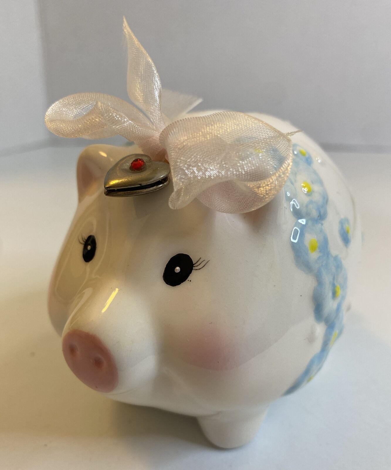 Vintage Mini Ceramic Piggy Bank Bow Floral Little Locket Heart Stopper Gift Love