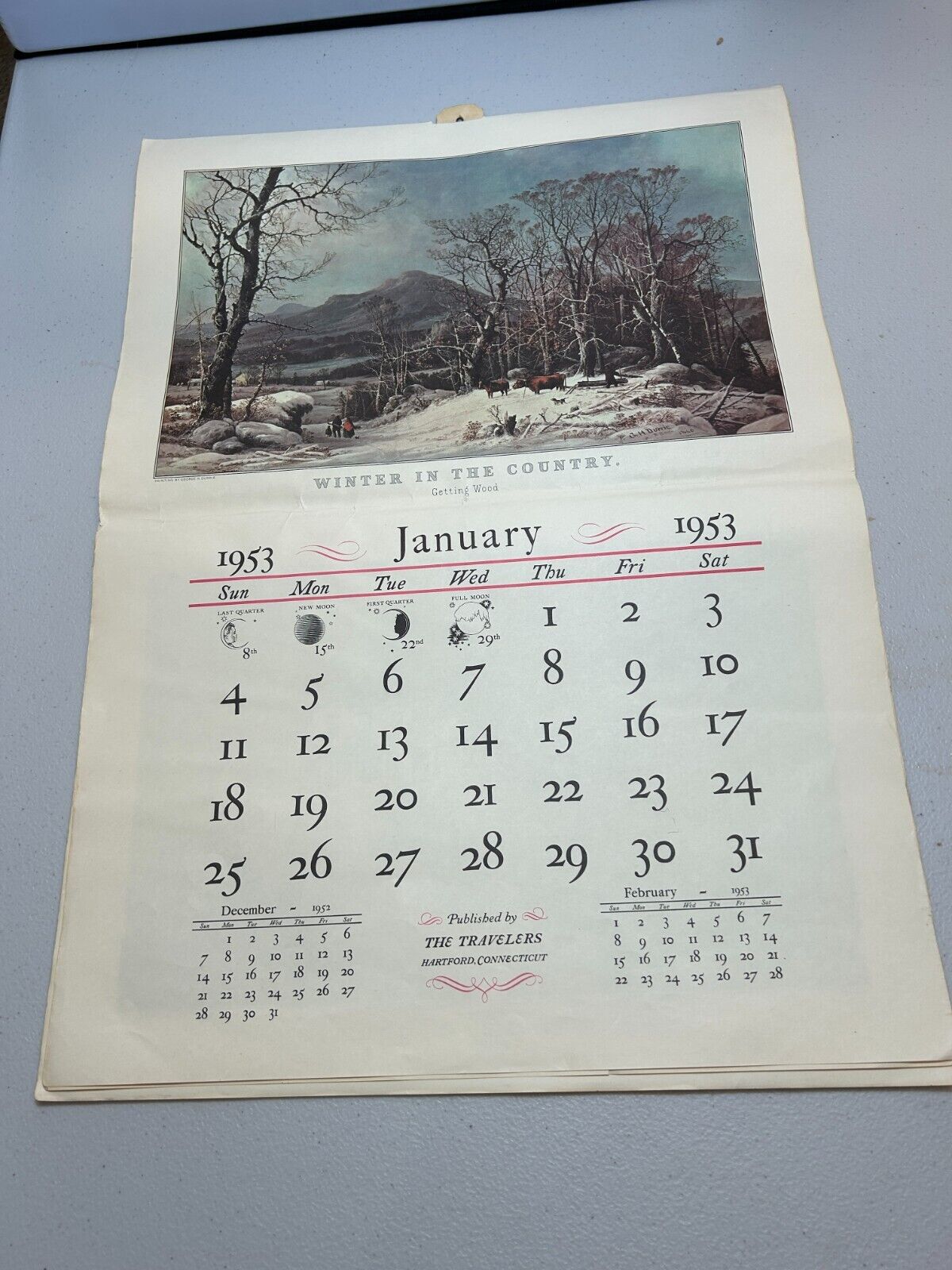 1953 Calendar - Currier & Ives The Travelers Hartford   HUGE 16” X 22” Complete