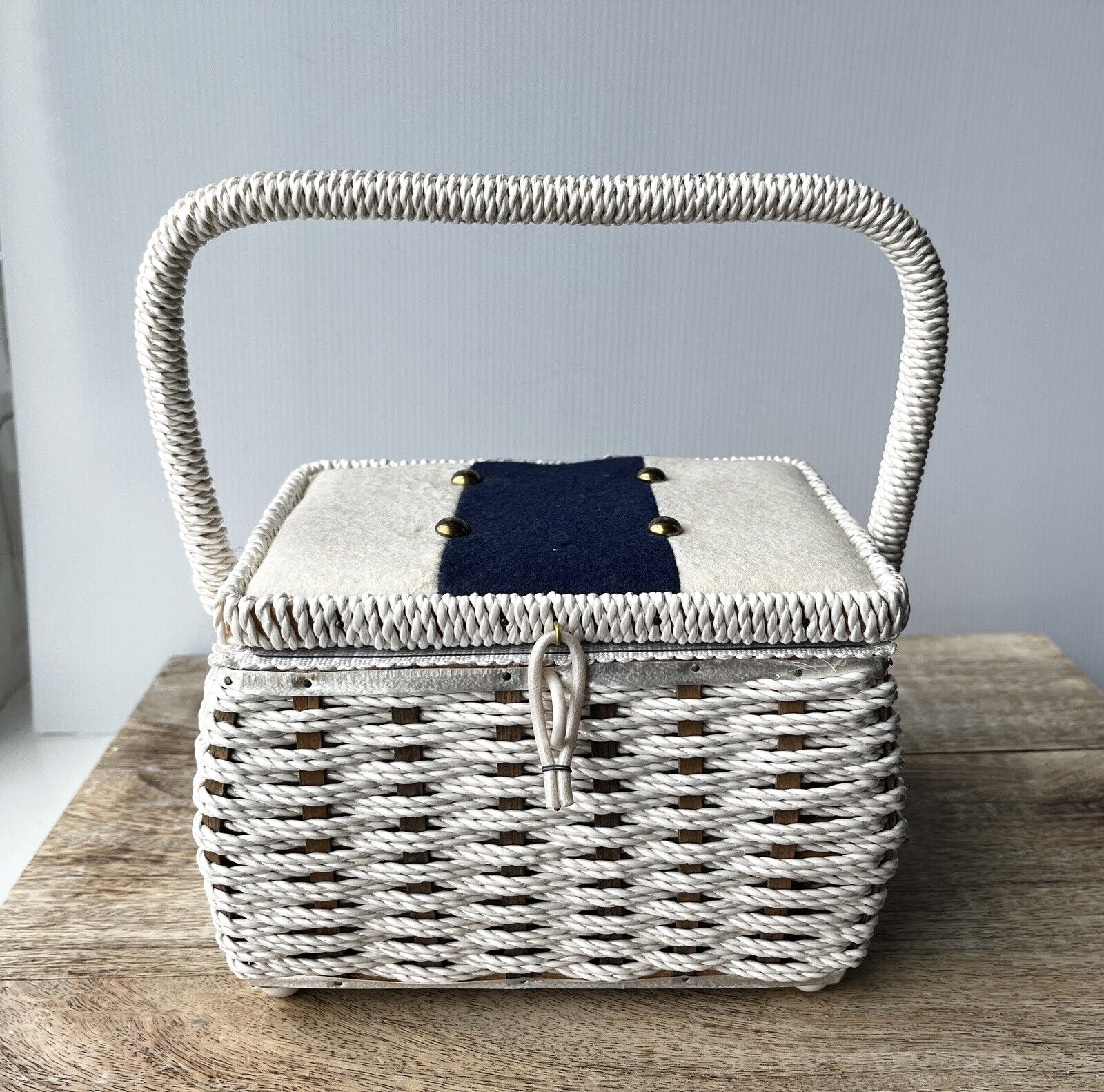 Vintage Small wicker sewing basket with handle made in Japan cream color