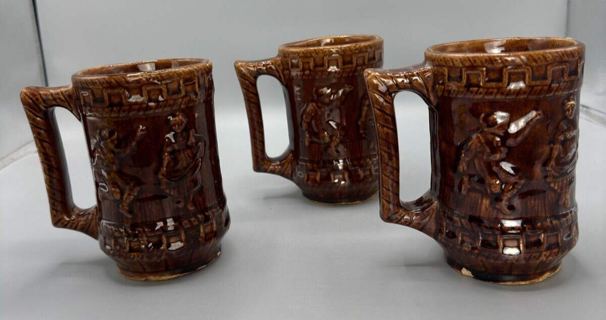 Vintage Three Brown Glazed Stoneware Tankard Mug Beer Stein Folk Dancing
