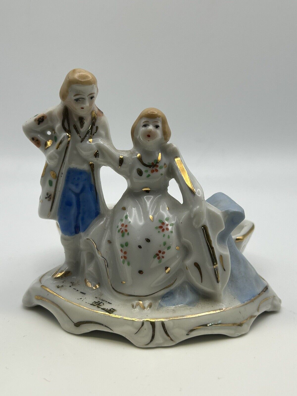 Vintage Miniature Colonial Victorian Couple Figurine Germany Bisque Painted Dish