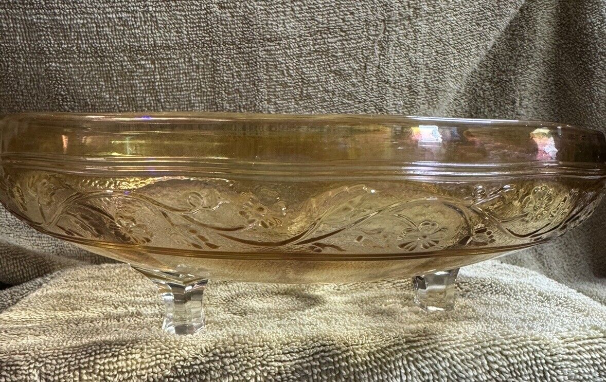 Vtg Marigold Iridescent Carnival Glass Low Bowl With Flower Floral Swags Footed