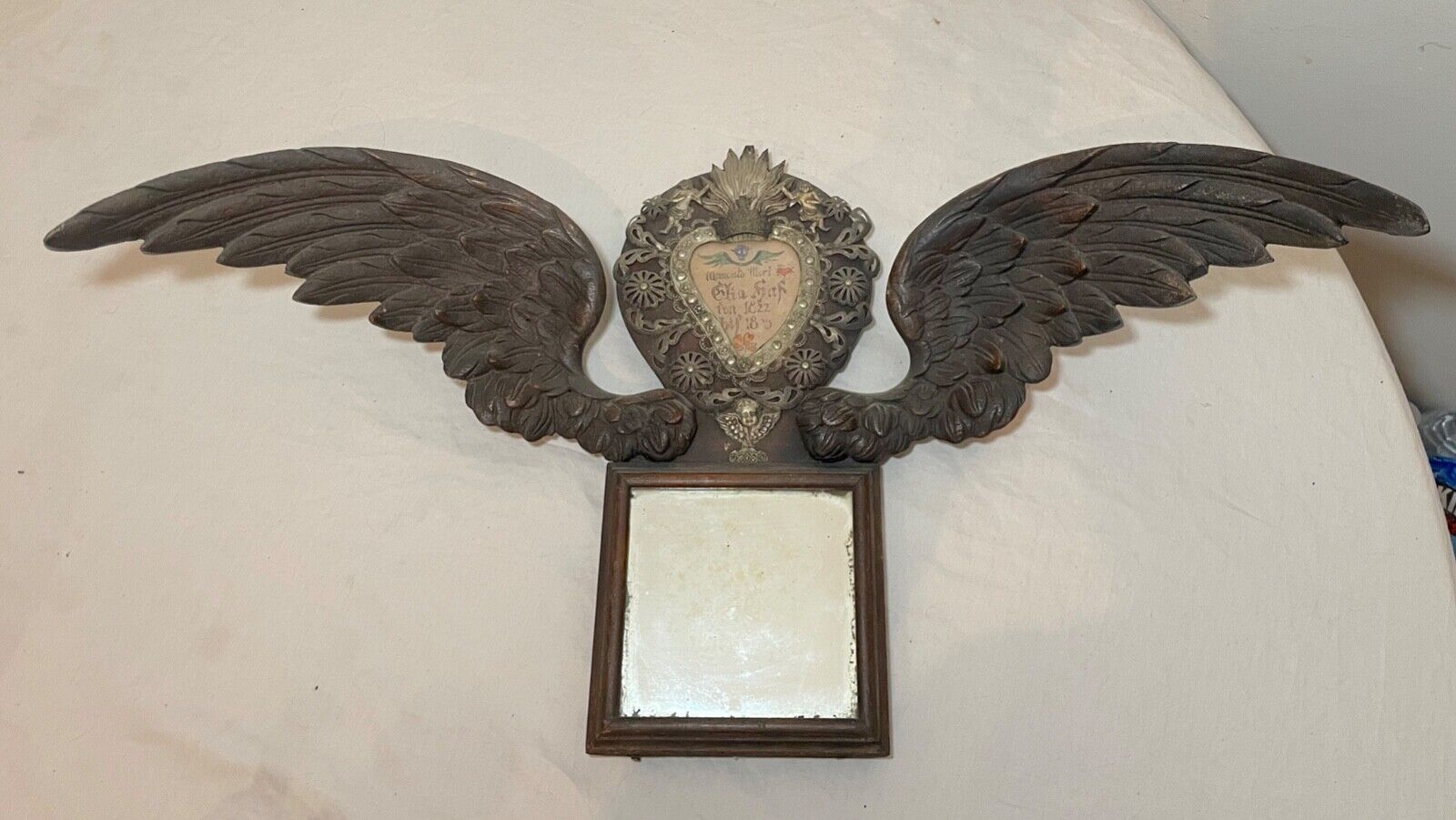 antique carved wood baroque religious relic memorial death wings wall sculpture
