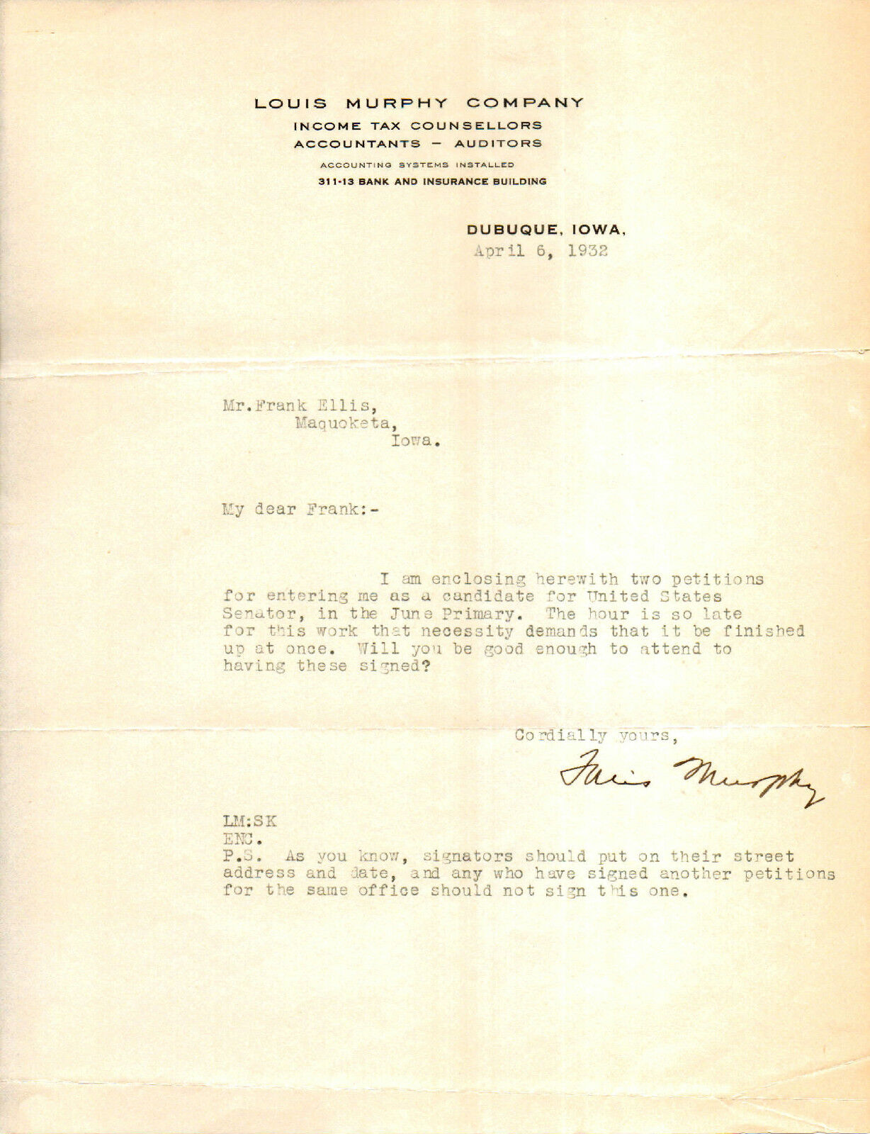 LOUIS MURPHY (+1936) - U.S. Senator (D-IOWA)(33-36) - Autograph Letter