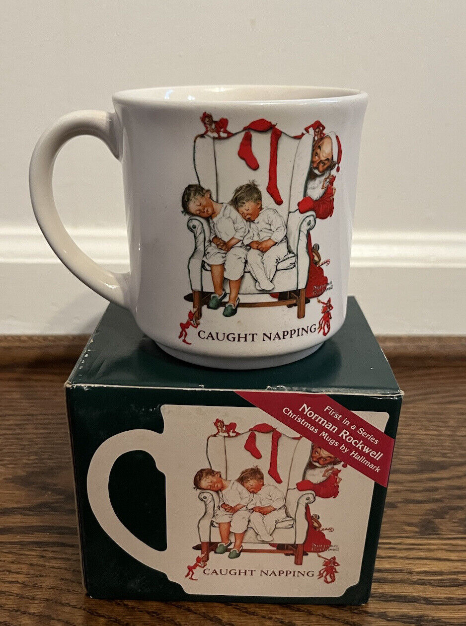 Hallmark 1987 Norman Rockwell Christmas Mug Caught Napping Vintage Coffee NEW