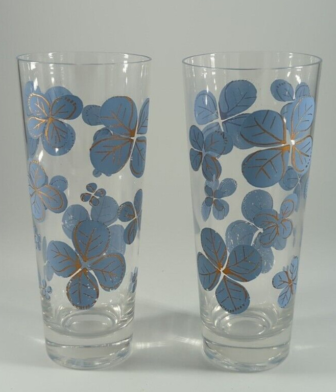 Federal Glass ICE TEA GLASSES Periwinkle Blue Clover Gold Highball Set of 2