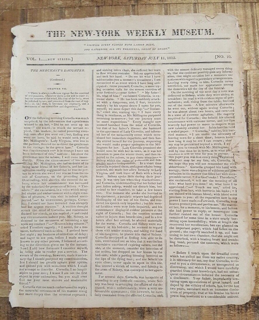 HISTORIC July 11, 1812 Newspaper - THE NEW-YORK WEEKLY MUSEUM - Vol. 1 No. 10