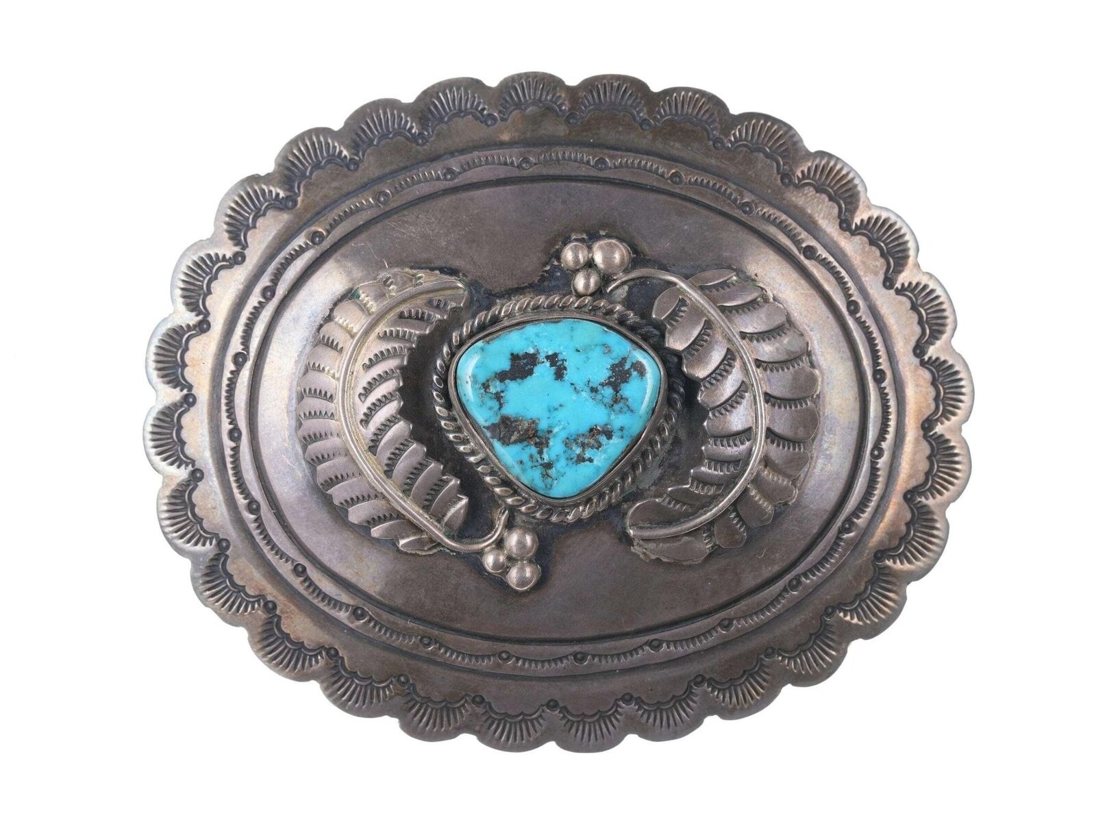 Vintage Native American Hand Stamped Sterling/turquoise belt buckle