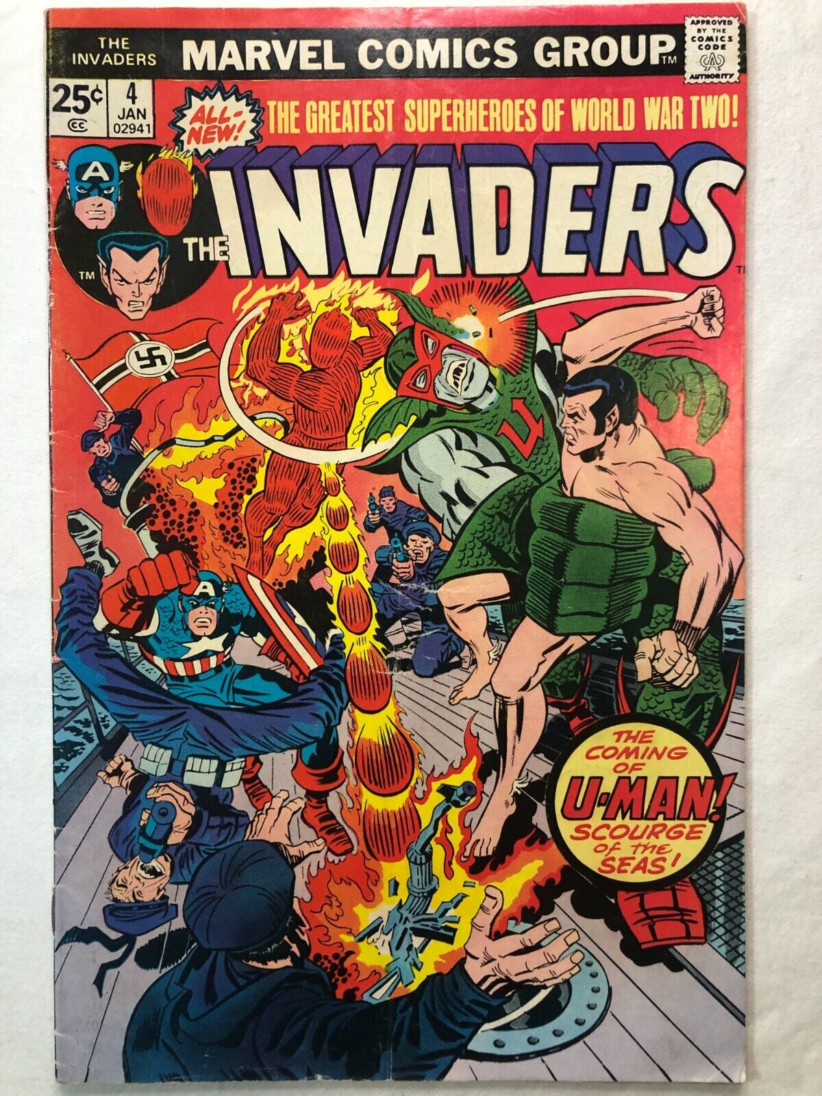 Invaders #4 (1975) Jack Kirby classic cover, U-Man 1st app Nice Condition