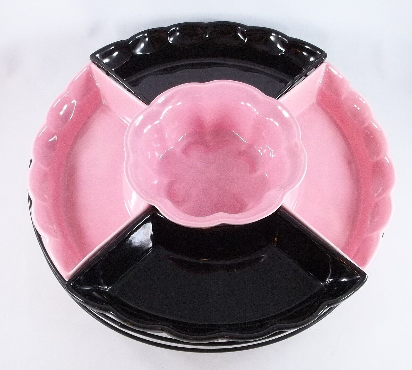 1950's Pink & Black Tid Bit Relish Sectional Server With Carousel Holder