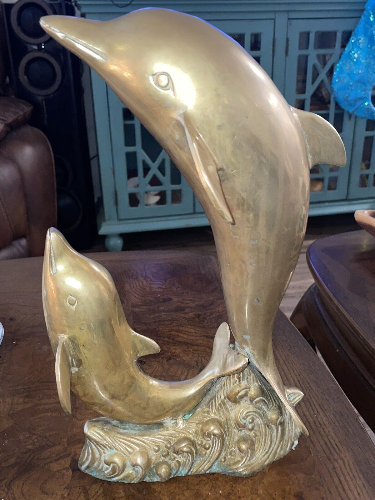 Large Vintage Brass Double Dolphin Sculpture Statue Swimming Nautical 14”