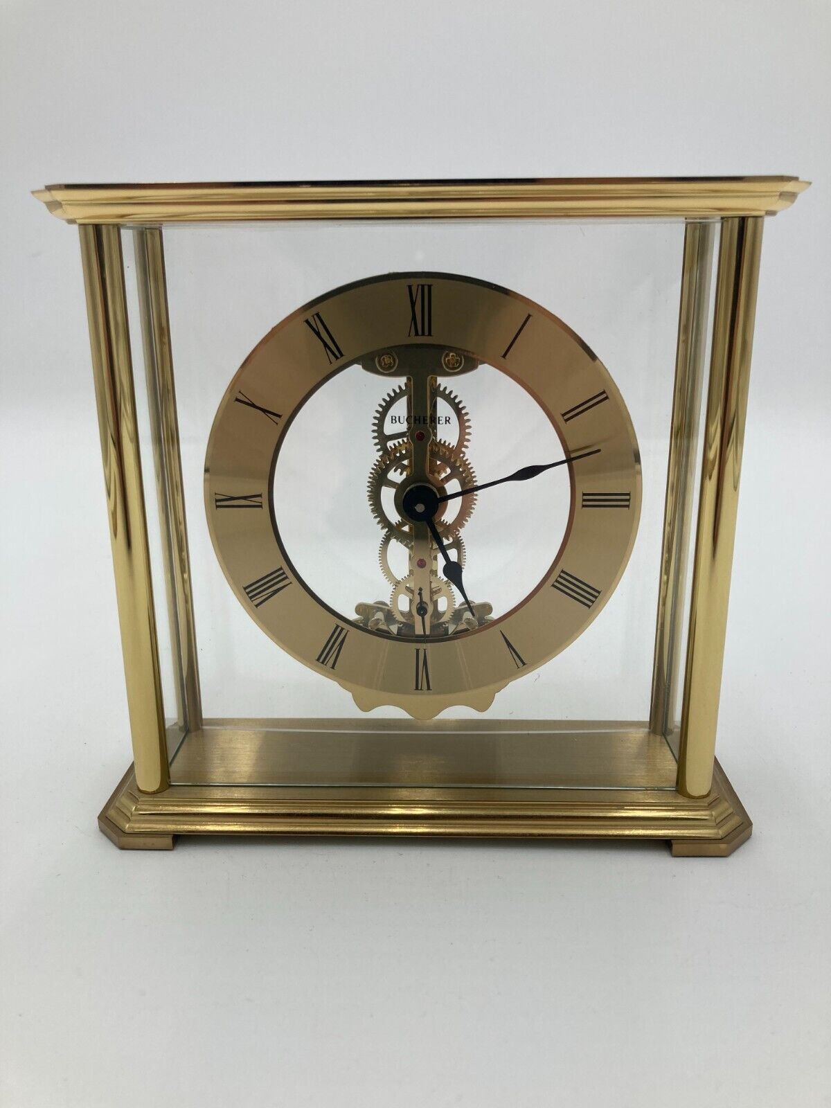 Bucherer S.Haller Brass Skeleton Clock, Desk/Mantle, Battery, Germany