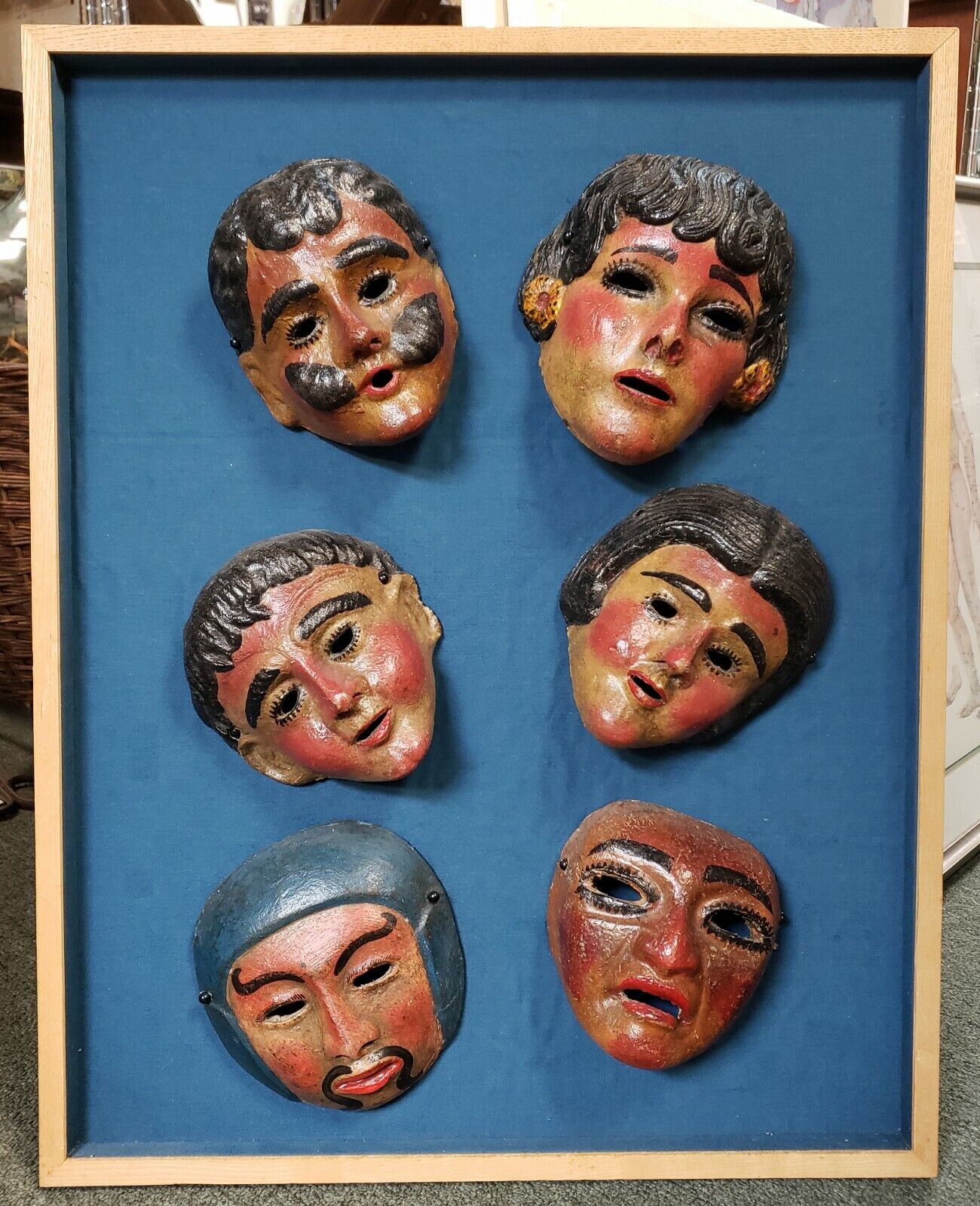 Set of 6 Mid 20th Century Guatemalan Clay Masks Set in Frame