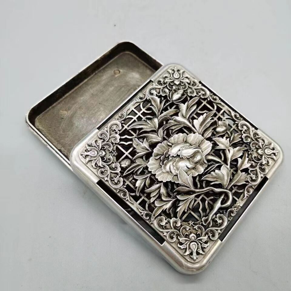 Chinese Antique White Copper Silver-plated Hollow Peony Ink Cartridge