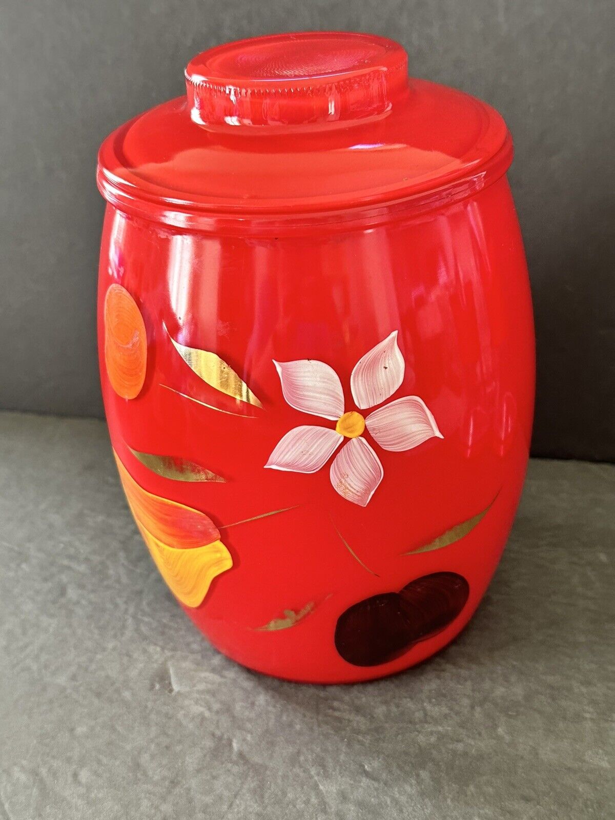 MCM Bartlett Collins Hand Painted Gay Fad Red Glass Cookie Jar Fruit Flower 9\
