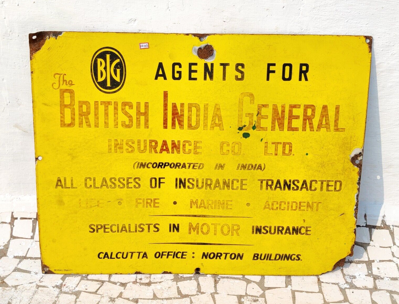 Vintage The British India General Insurance Advertising Enamel Sign Board EB369