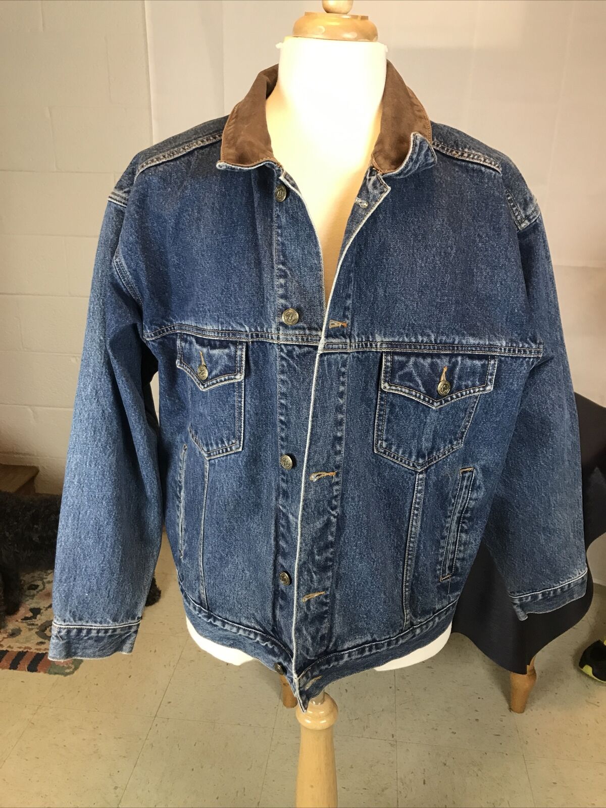 Vintage Jean Jacket Leather Collar Denim Trucker Marlboro Country Store Size L
