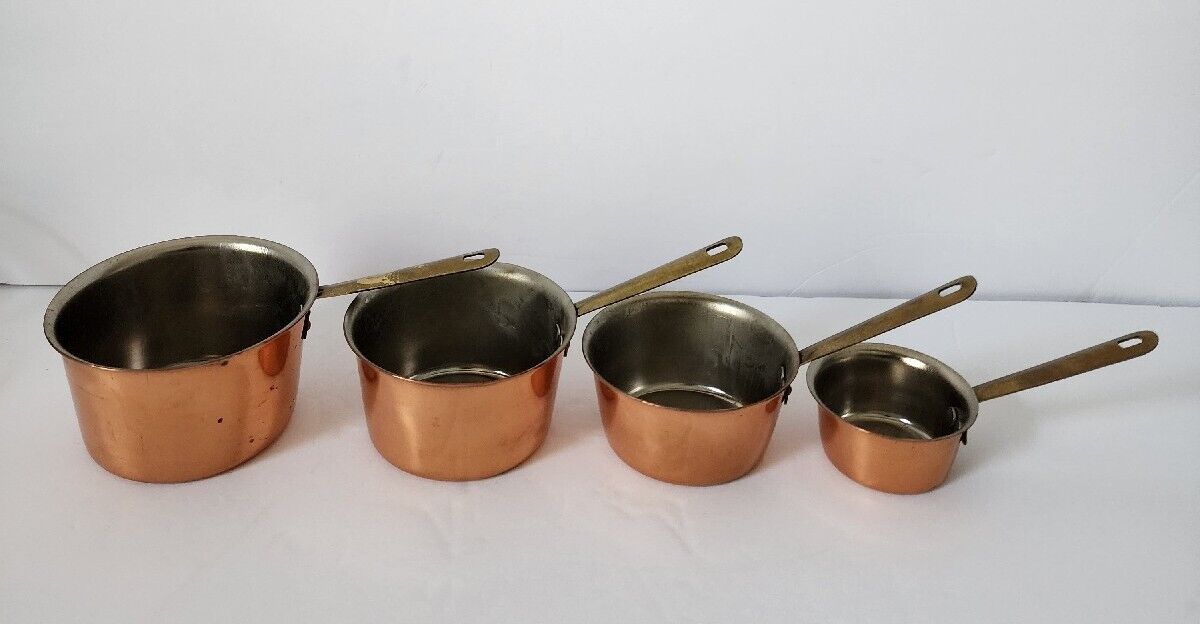 Vintage B & M DOURO Copper & Brass Handled Measuring Cup Set ~ 8, 6, 4 & 2 oz.
