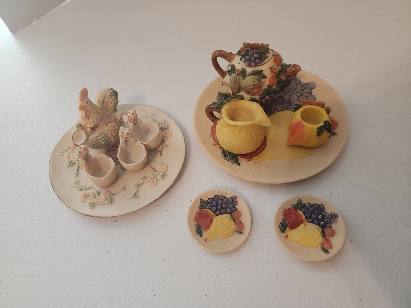 2 Miniature Tea Party Sets. Vintage~1995 Resin Colorful Fruit & Rooster 13pc
