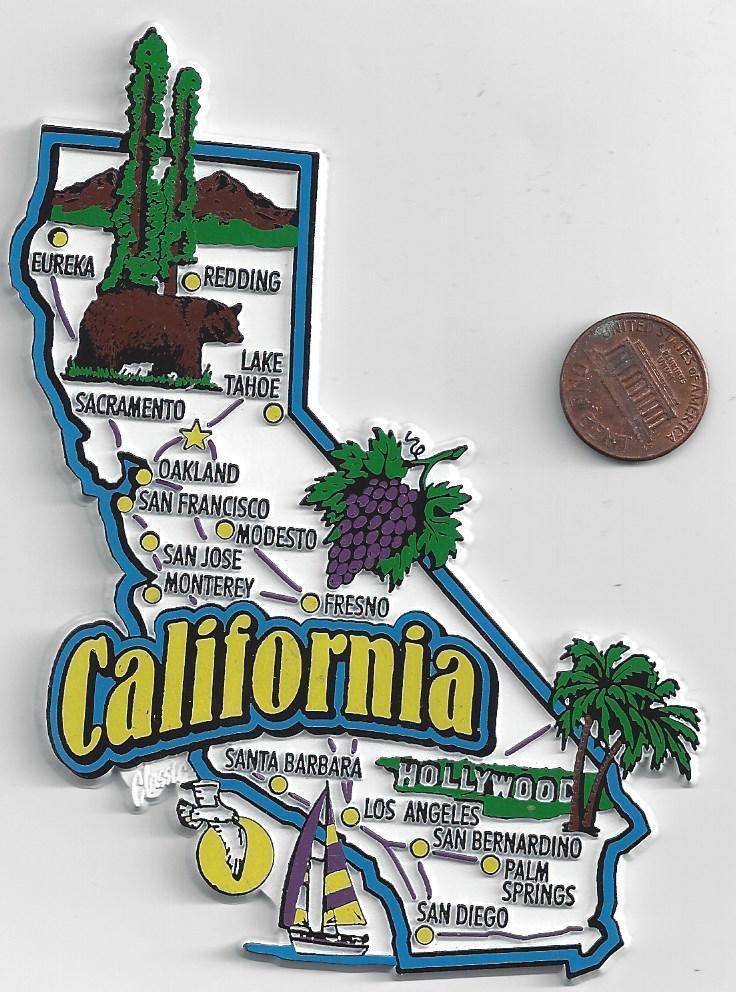 JUMBO  CALIFORNIA  STATE  MAP MAGNET 7 COLOR - LOS ANGELES SACRAMENTO  SAN DIEGO