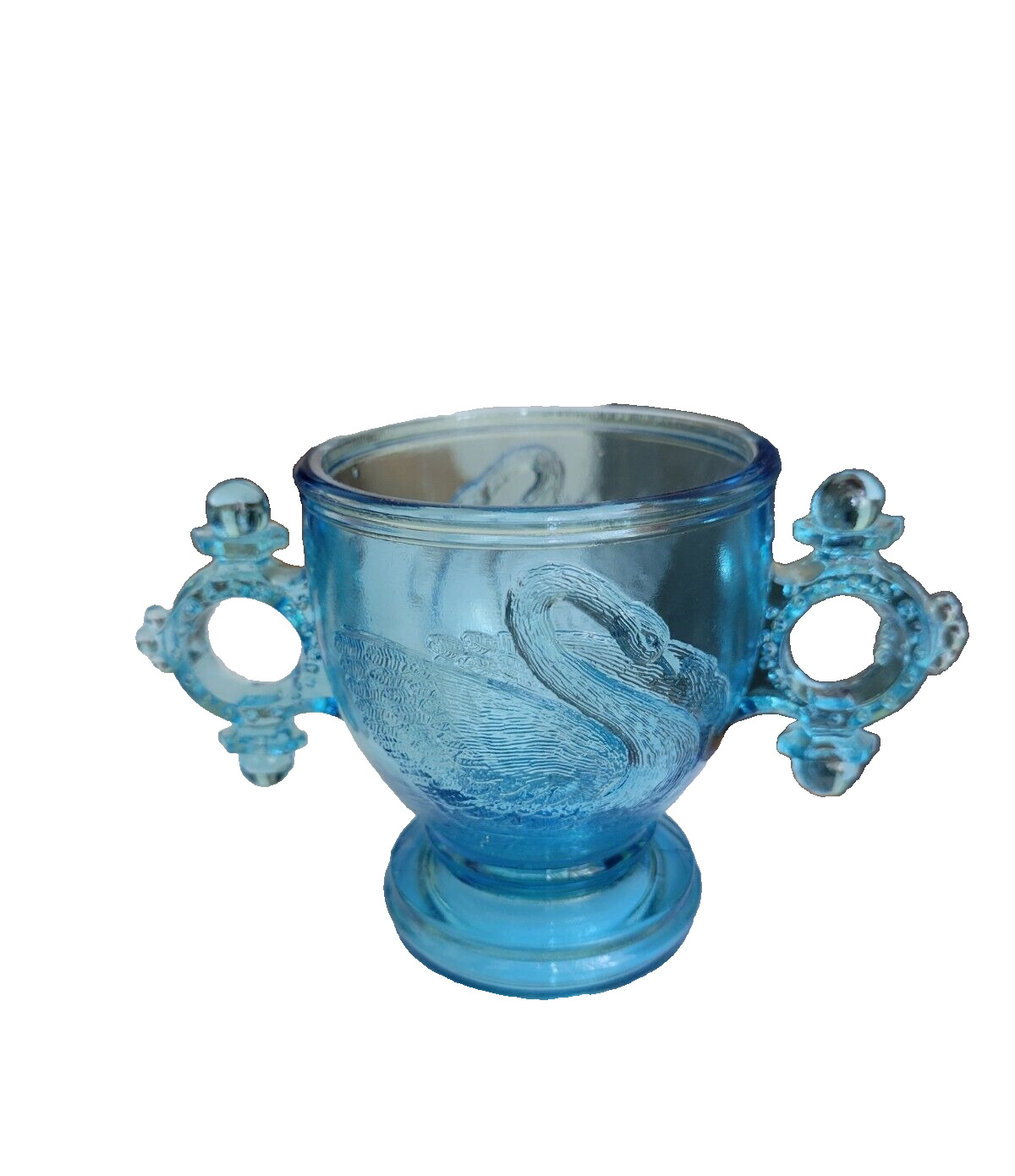 1880s Atterbury Blue Glass Swan Sugar Bowl with Ring Handles Antique
