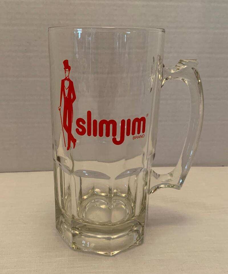 Vintage Slim Jim Logo 32oz Glass Beer Stein Mug Party Clear w Red New