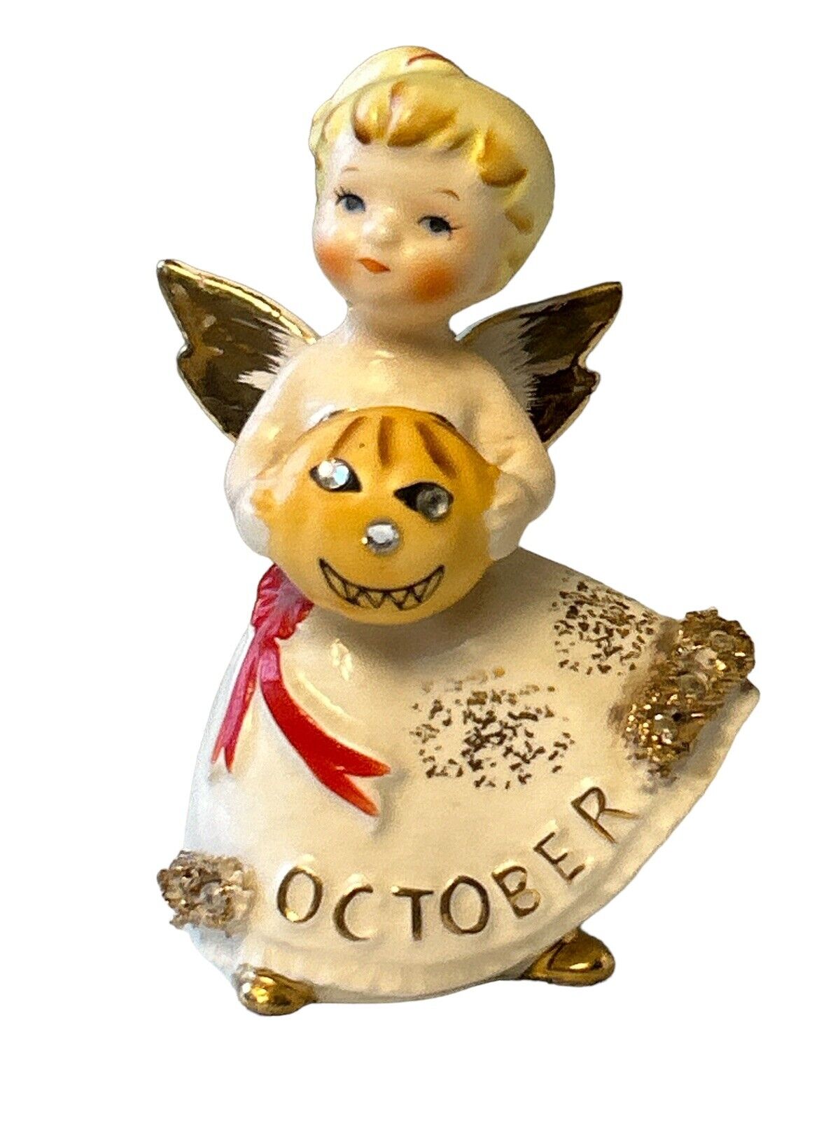 Vintage Lefton Angel of the Month Figurine October Girl Pumpkin Japan