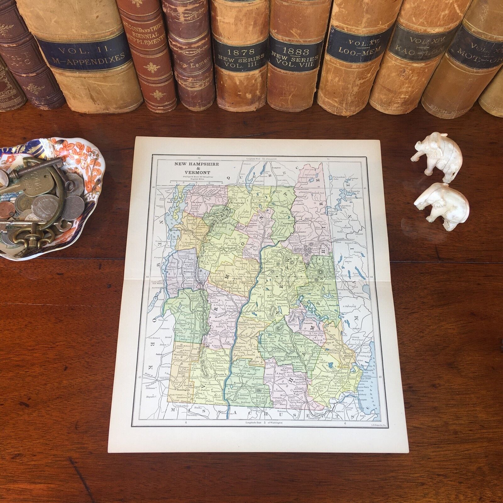 Original 1885 Antique Map VERMONT NEW HAMPSHIRE Rutland Barre Manchester Nashua