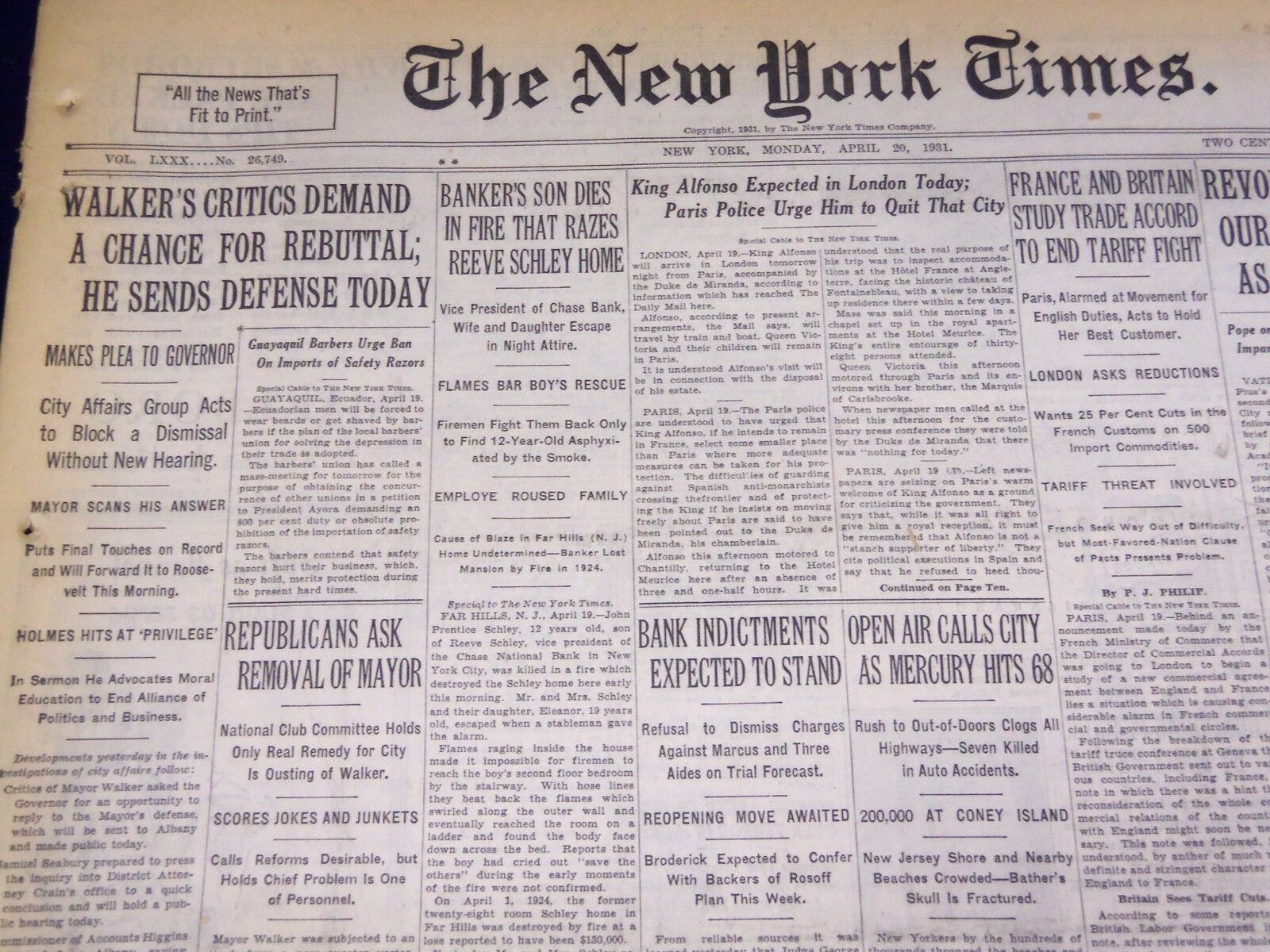 1931 APRIL 20 NEW YORK TIMES - WALKER CRITICS DEMAND REBUTTAL - NT 3938