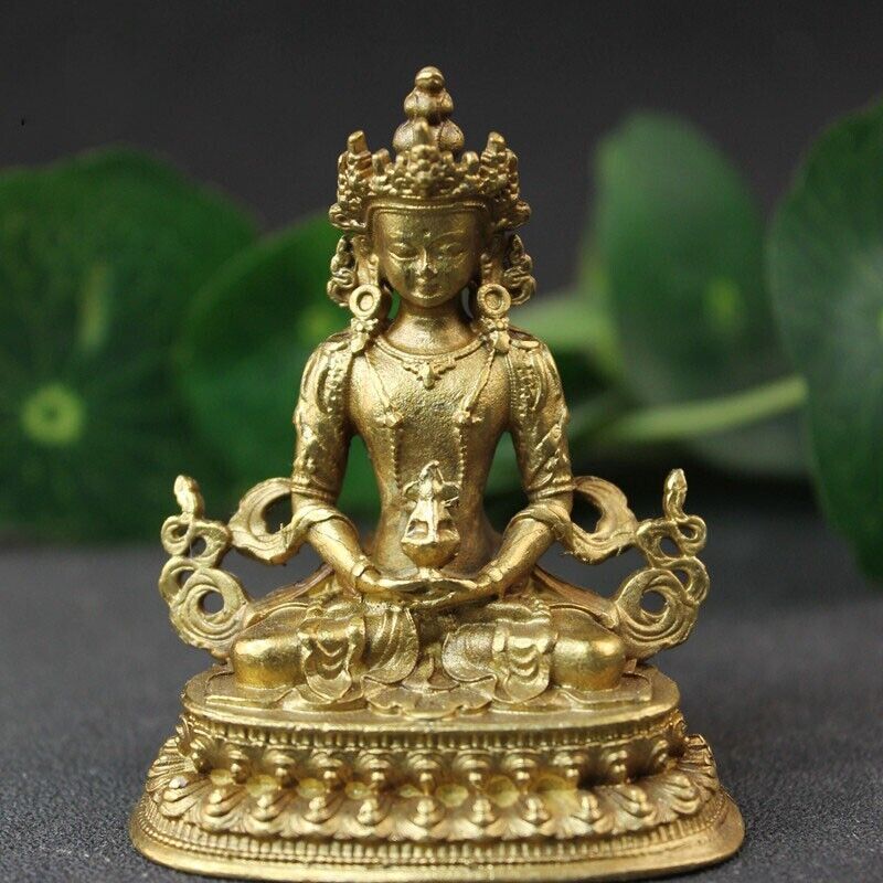 Pure Brass Antique Amitayus Buddha Small Statue Ornament Amitabha Figurine Craft