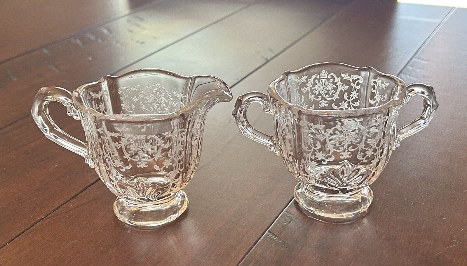 Original FOSTORIA • NAVARRE  Etched Glass • Short Cream & Sugar Set • Baroque